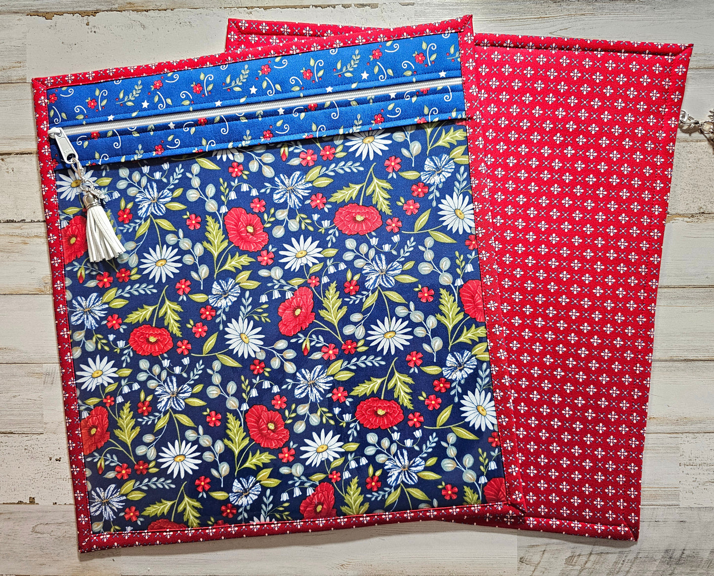 Large Project Bag - 15" x 14" - Vinyl Front - Red, White and Blue Floral