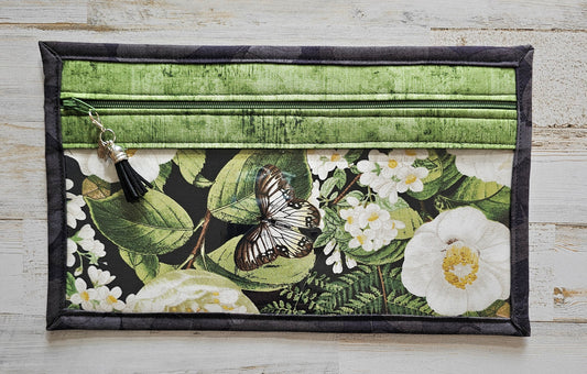 Pouch 6.5" x 11" - Green floral w/Butterfly