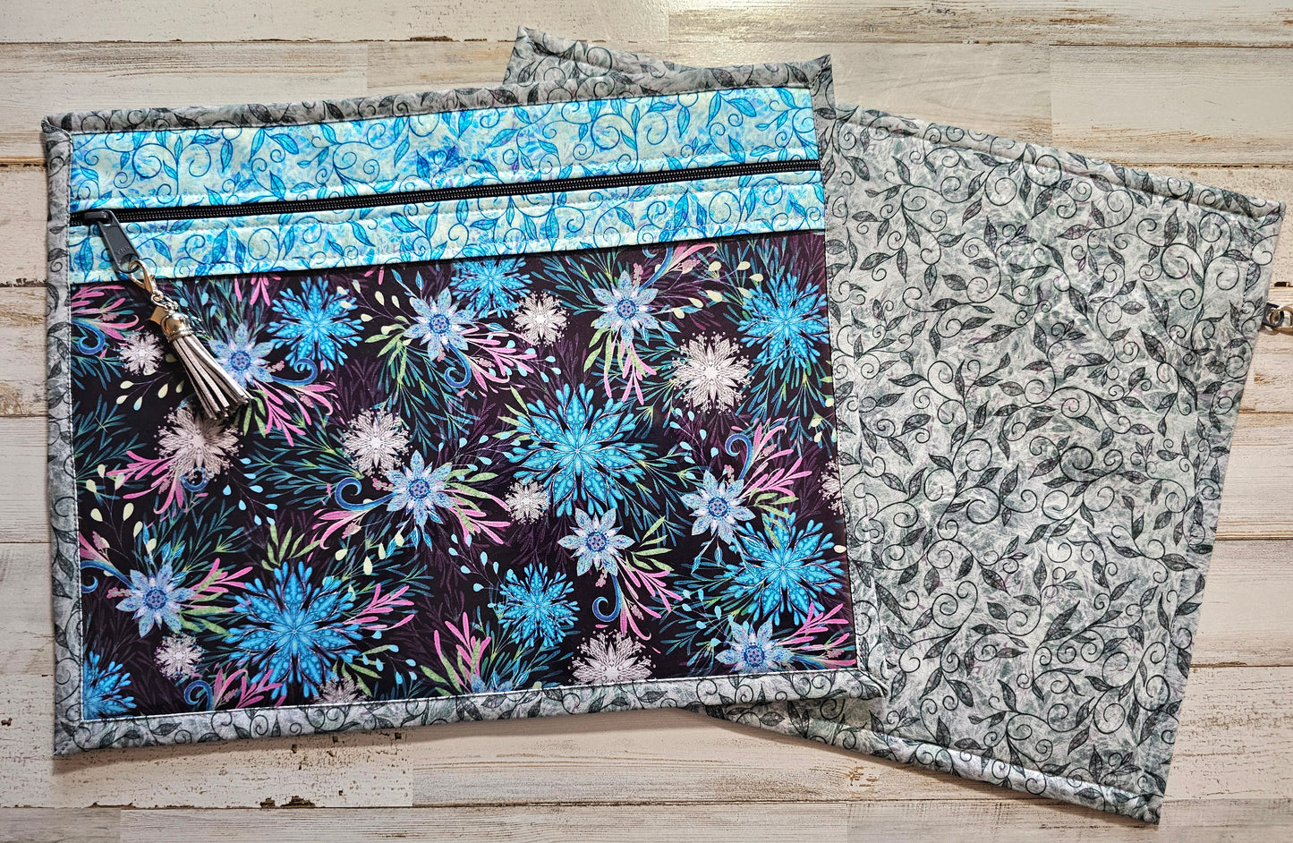Project Bag 11" x 14" - Gray, Blue, Pink and White Florals
