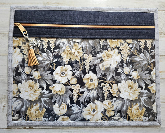 Project Bag 11" x 14" - Black, Gold and Gray Floral