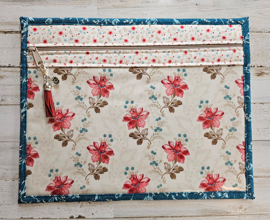 Project Bag 11" x 14" - Vinyl Front - Floral, Cream, Teal and Red