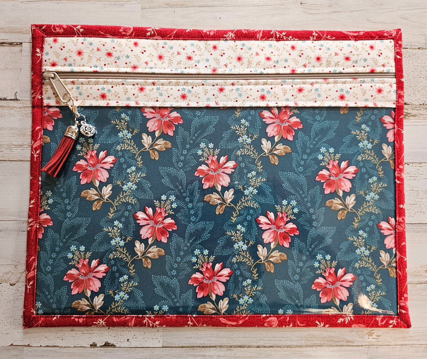 Project Bag 11" x 14" - Vinyl Front - Floral, Teal and Red