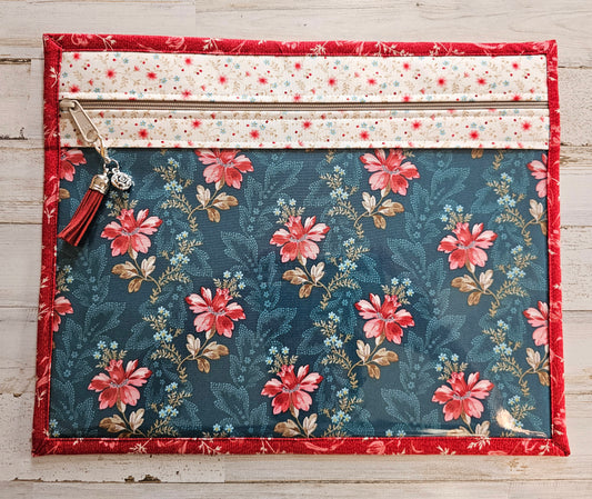 Project Bag 11" x 14" - Vinyl Front - Floral, Teal and Red