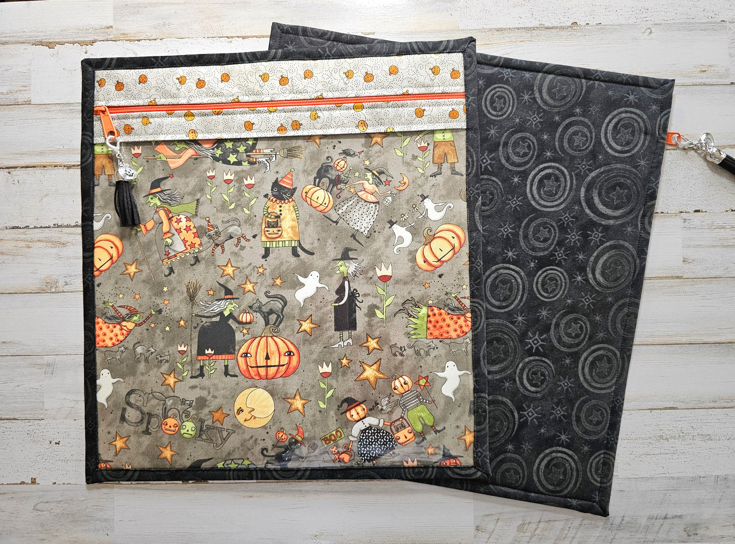 Large Project Bag - 15" x 14" - Vinyl Front - Teresa Kogut "Spooky" Fabric