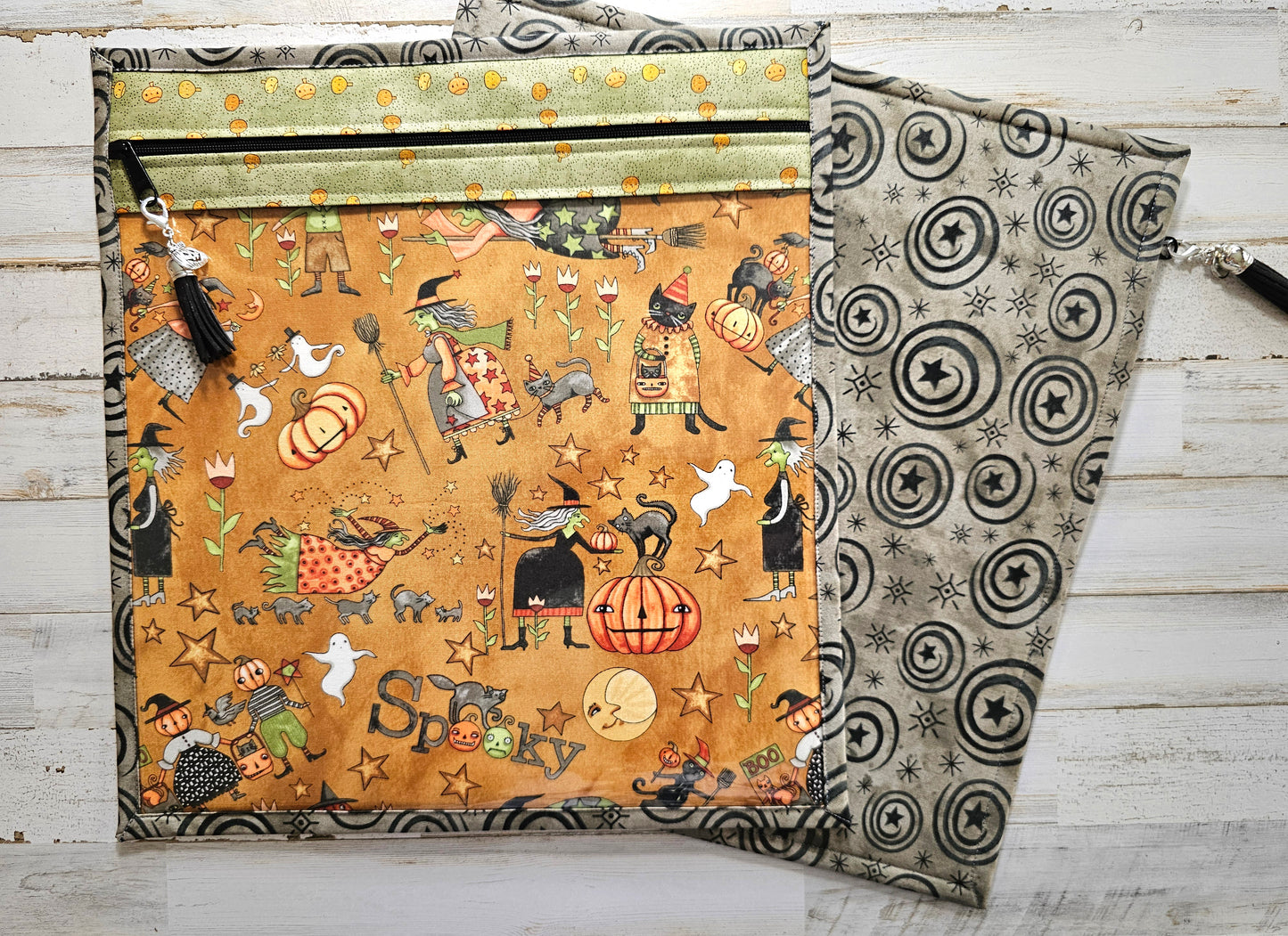 Large Project Bag - 15" x 14" - Vinyl Front - Teresa Kogut "Spooky" Fabric