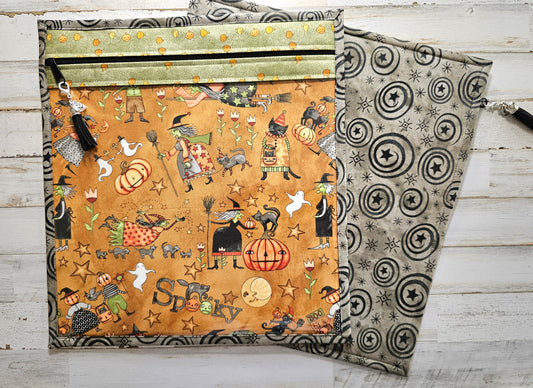 Large Project Bag - 15" x 14" - Vinyl Front - Teresa Kogut "Spooky" Fabric