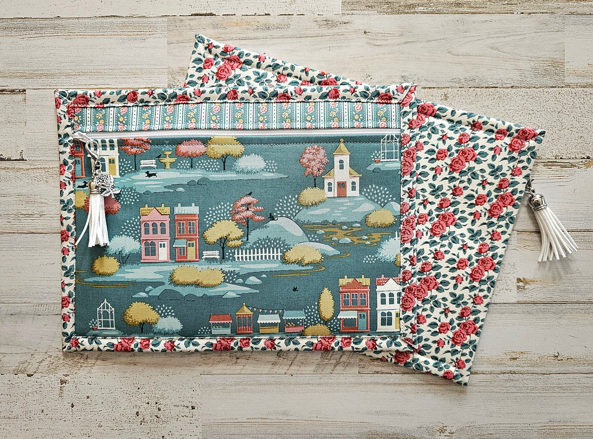 All Cloth Notions Bag - 8" x 11" - Tilda "Village Life" Teal Fabric