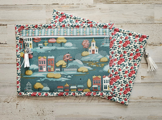 All Cloth Notions Bag - 8" x 11" - Tilda "Village Life" Teal Fabric