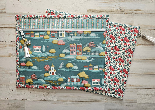 All Cloth Project Bag - 11" x 14" - Tilda "Village Life" Teal Fabric