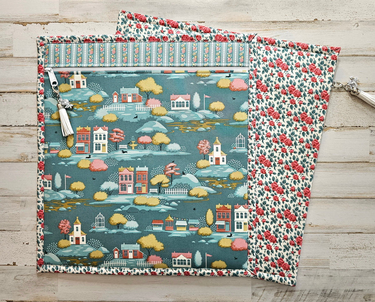 Large All Cloth Project Bag - 15" x 14" - Tilda "Village Life" Teal Fabric