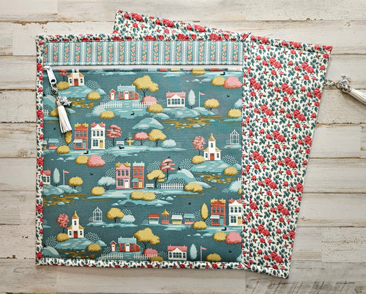Large All Cloth Project Bag - 15" x 14" - Tilda "Village Life" Teal Fabric