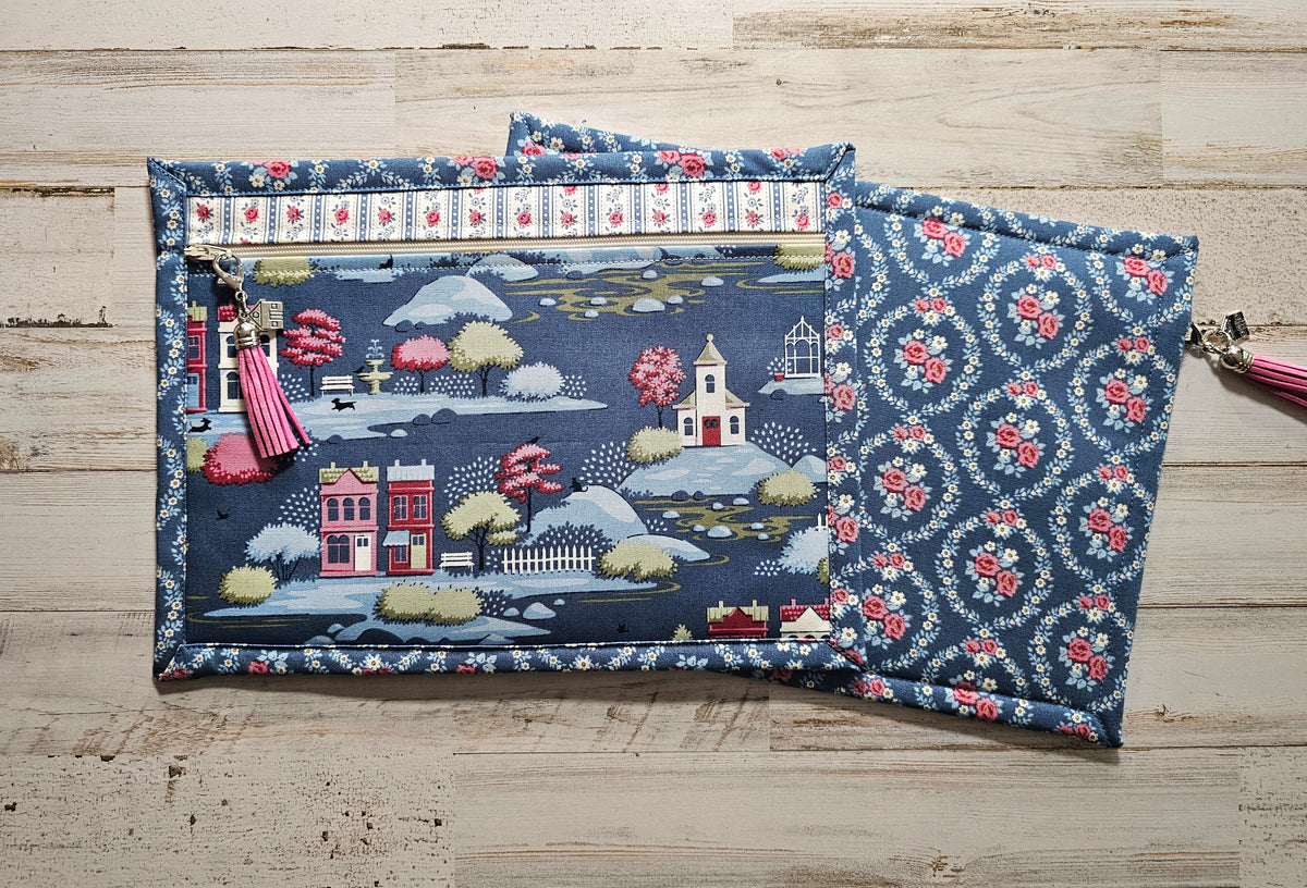 All Cloth Notions Bag - 8" x 11" - Tilda "Village Life" Blue Fabric