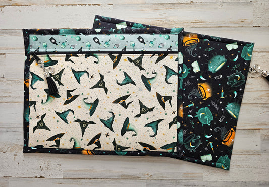 All Cloth Project Bag - 11" x 14" - Halloween in Teal and Black Fabric