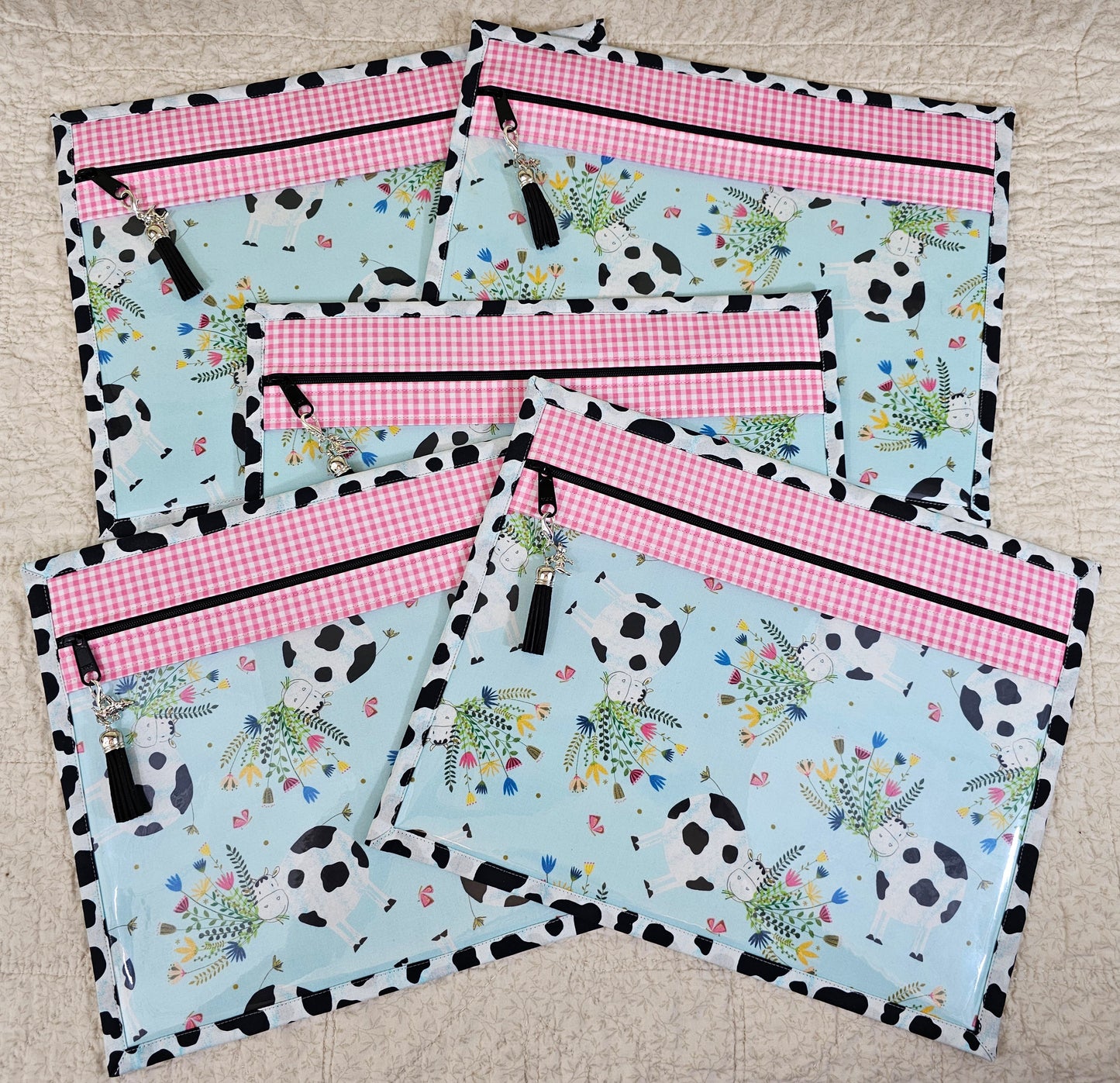 Pink Gingham Cow - 11" x 14" Project Bag