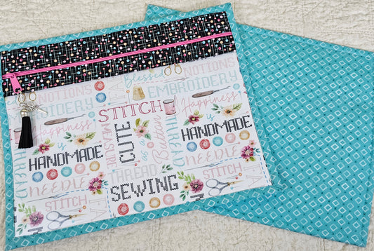 Stitching Words with Teal Trim -  11" x 14" Project Bag