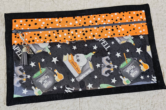 Witch's Brew with Orange trim and the back in black fabriic - 6.5" x 11" Pouch