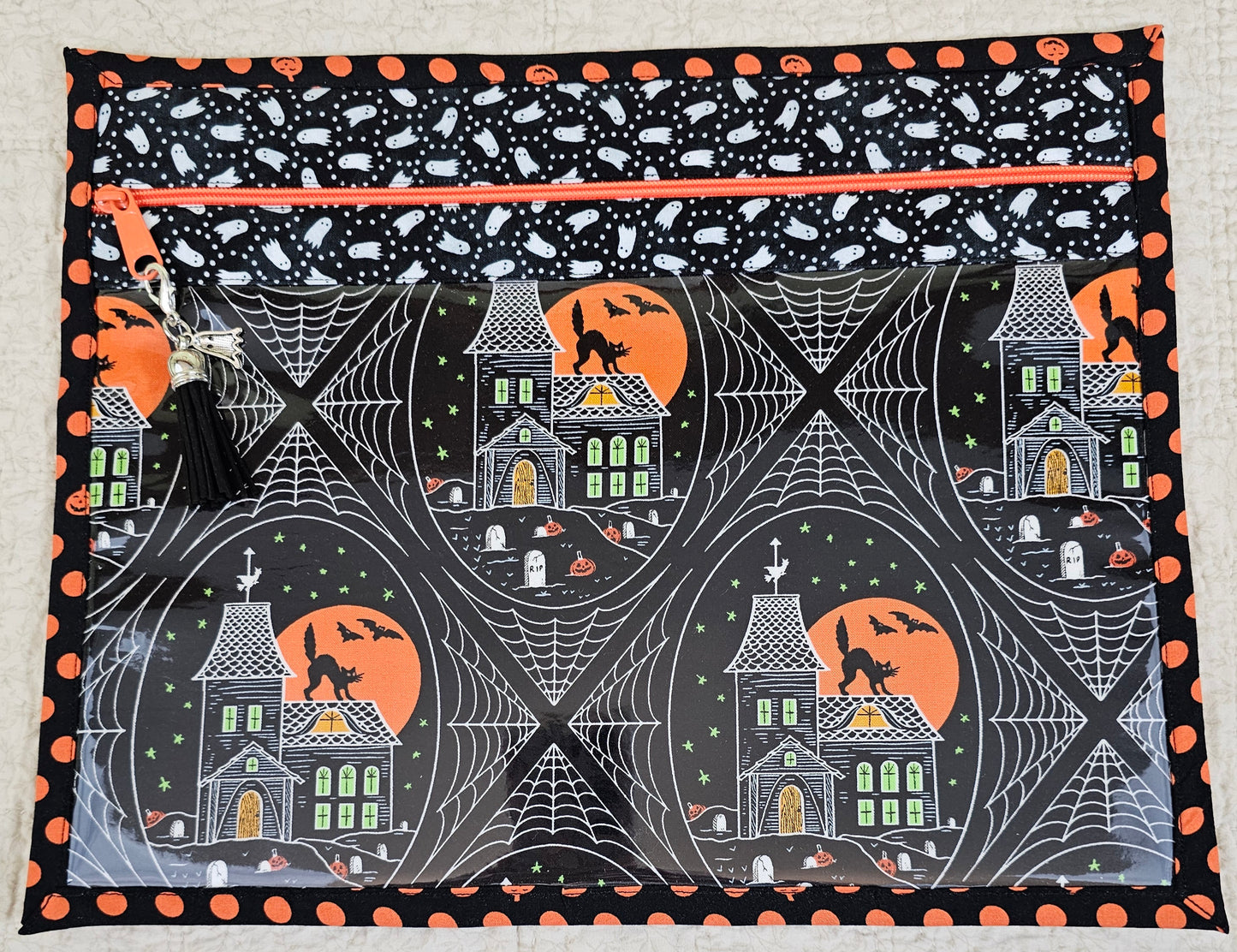 11" x 14" Project Bags - Haunted House with back of bag in black & orange Jack O'Lanterns