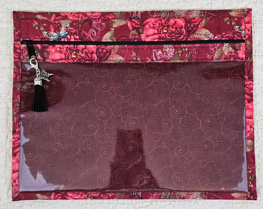Maroon fabric with dark red floral trim and back 11" x 14" Project Bag