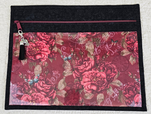 Floral Pattern on dark red fabric with black trim and back 11" x 14" Project Bag