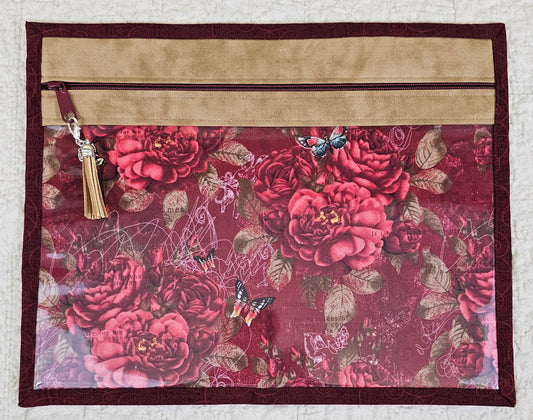 Floral Pattern on dark red fabric with beige trim and maroon back 11" x 14" Project Bag