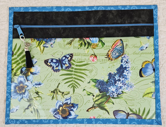 Green Fabric with Flowers, Butteriflies & Music  - with black trim and blue back & zipper -  11" x 14" Project Bag