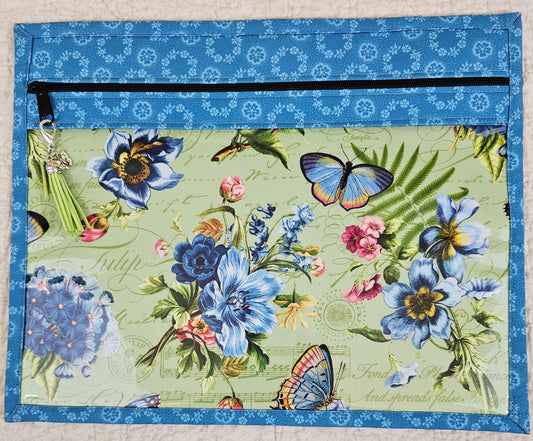 Green Fabric with Flowers, Butteriflies & Music  - with blue trim and back & black zipper -  11" x 14" Project Bag