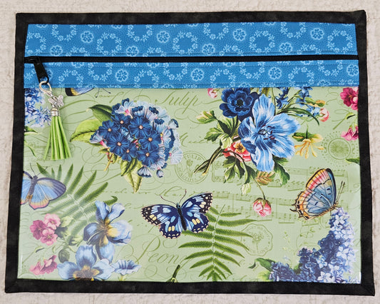 Green Fabric with Flowers, Butteriflies & Music  - with blue trim and black zipper and back -  11" x 14" Project Bag