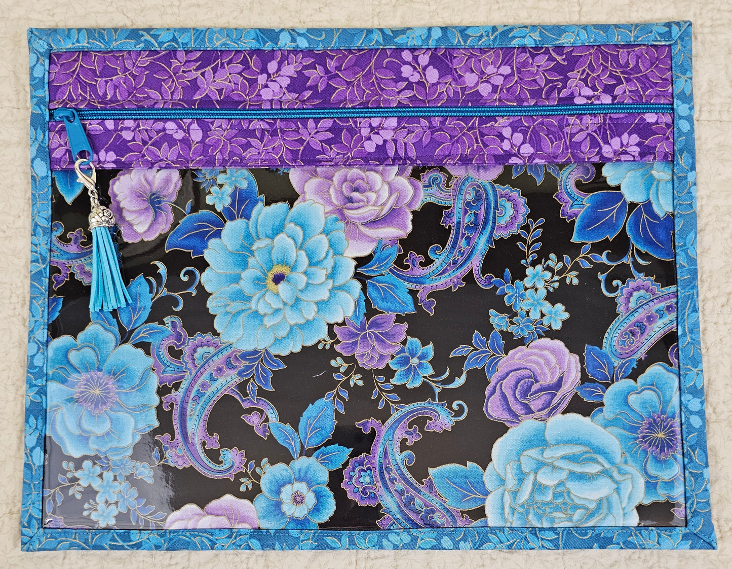 Blue & Purple Paisley and Flowers - with blue Zipper -  11" x 14" Project Bag