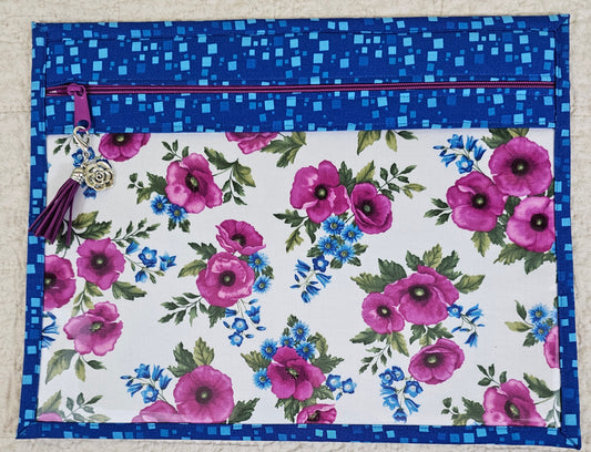 Fuchsia colored flowers with digital blue trim and back -  11" x 14" Project Bag