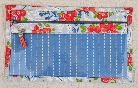 Blue lined fabric. gray zipper and Floral back - 6.5" x 11" Pouches