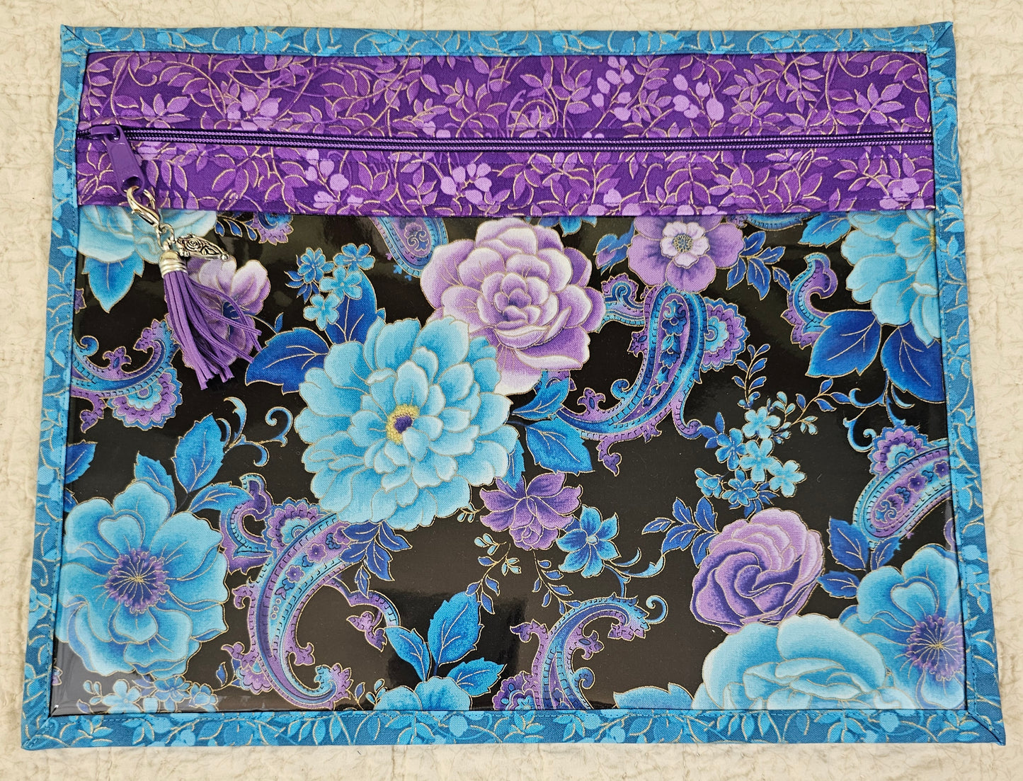Blue & Purple Paisley and Flowers - with purple trim & zipper -  11" x 14" Project Bag