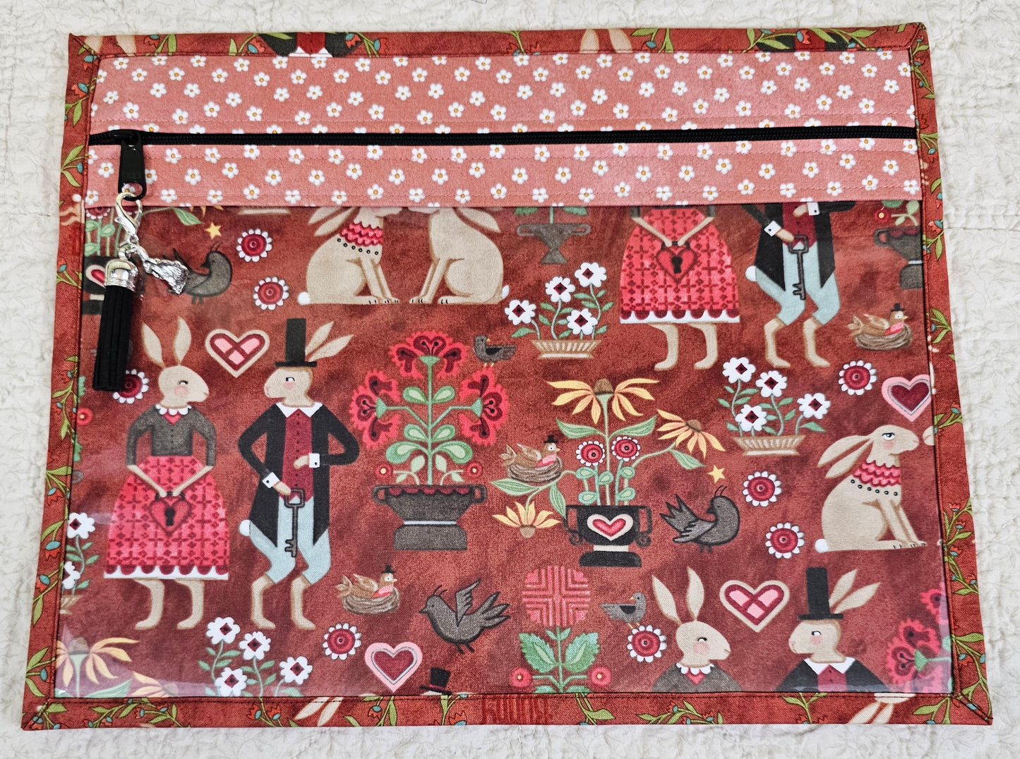 Reddish tan fabric with Bunnies- 11" x 14" Project Bag