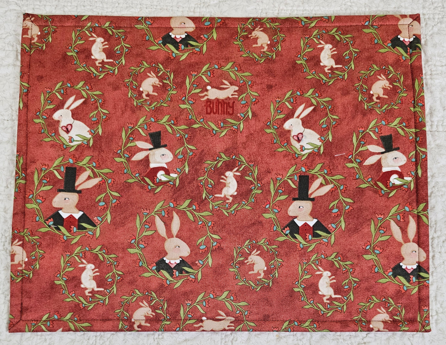 Reddish tan fabric with Bunnies- 11" x 14" Project Bag