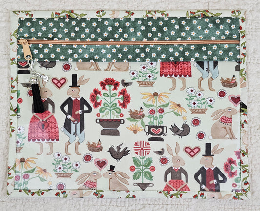 Off White fabric with Bunnies - Geen Trims - 11" x 14" Project Bag