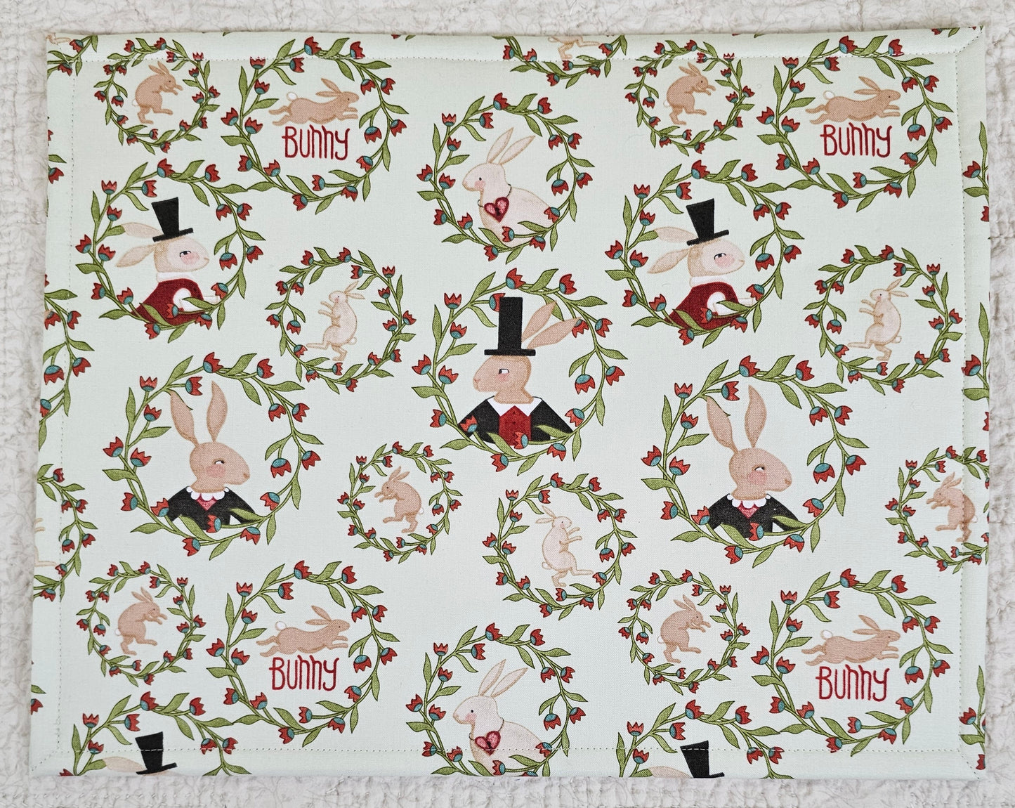 Off White fabric with Bunnies - Geen Trims - 11" x 14" Project Bag