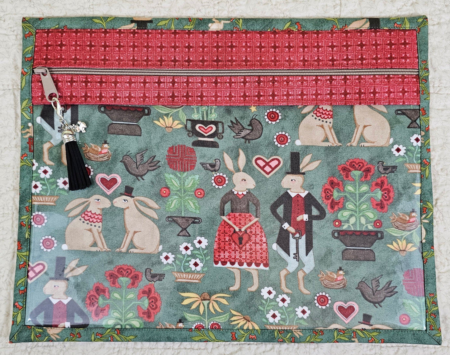 Geen fabric with Bunnies 11" x 14" Project Bag