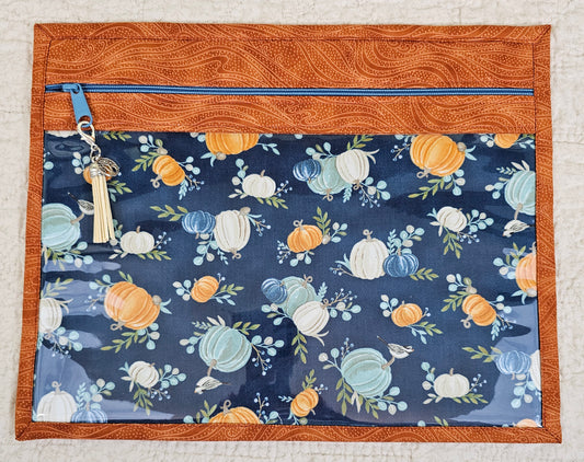 11" x 14" Project Bag - Pumpkins on blue fabric with light Orange trim & back