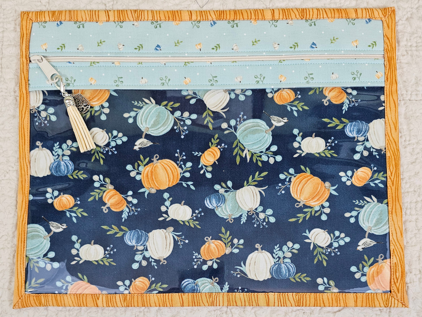 11" x 14" Project Bag - Pumpkins on blue fabric with light blue trim
