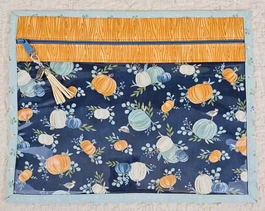 11" x 14" Project Bag - Pumpkins on blue fabric with orange trim