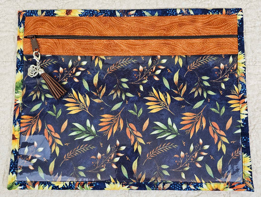 11" x 14" Project Bag - Fall leaves on blue background - yellow flowers on blue back